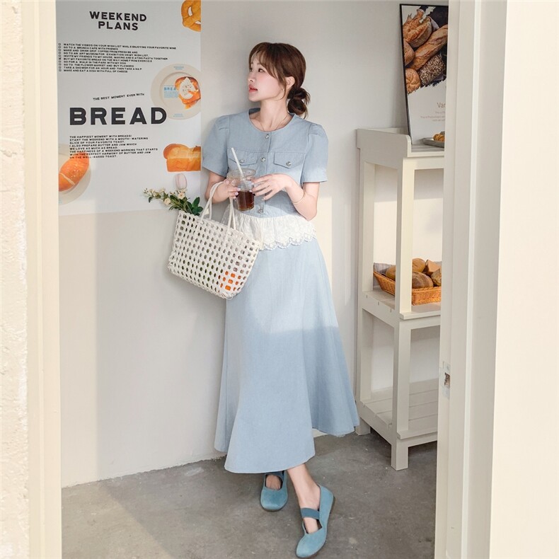 2025年夏季新款时尚百搭蕾丝花边拼接短袖两件套半身裙套装女,女装套装/套裙,1D102-1