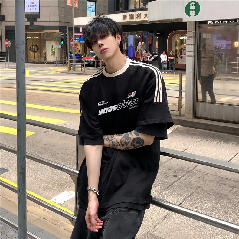 240克高品质三条杠织带学院风短袖T恤男ST101-P28图片
