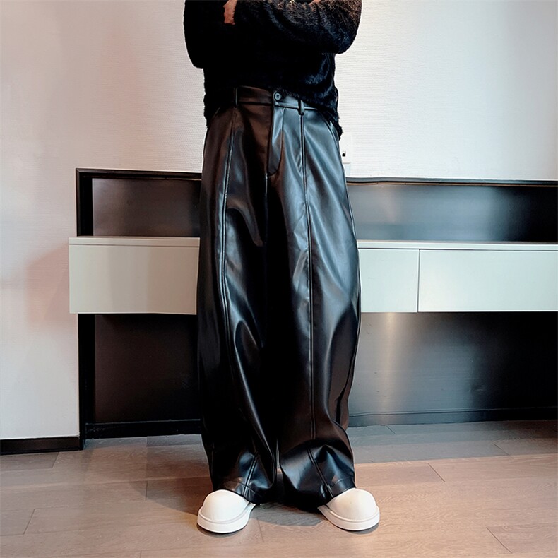 秋冬新款高级个性潮男阔腿弯刀PU皮裤宽松时尚皮裤百搭K1008-P83，男装皮裤，电商B267