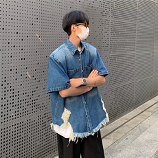 C526P47美式复古感垫肩短袖牛仔衬衫男宽松夏季翻领衬衣痞，男装T恤，星座512-6