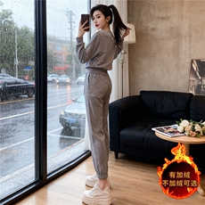 气质简洁休闲套装女秋冬新款韩系圆领订扣设计感卫衣束脚裤两件套，女装套装/套裙，江南
