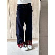 【网图有货】美式格子拼接卷边牛仔裤男女阔腿裤子NZ011CC-特P65，男装牛仔裤，星座1007（原301D）