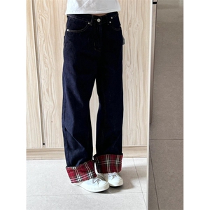 【网图有货】美式格子拼接卷边牛仔裤男女阔腿裤子NZ011CC-特P65图片
