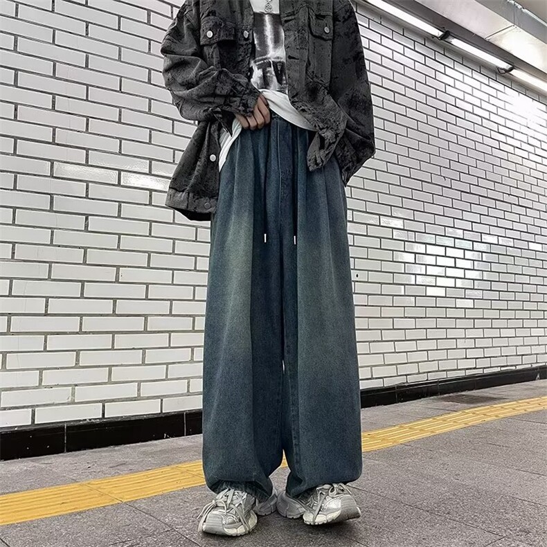 系绳做旧牛仔裤男潮牌宽松阔腿裤子美式高街 NBK09 P46图片