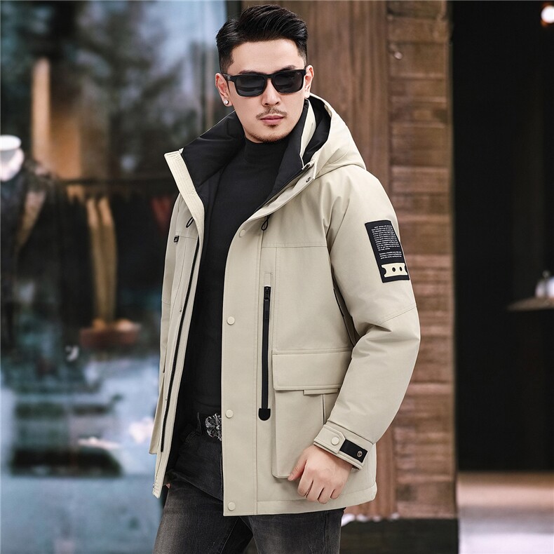 2025冬款男士工装羽绒服90白鸭绒+防风抗皱面料加厚通勤连帽外套，男装羽绒服，钱塘723