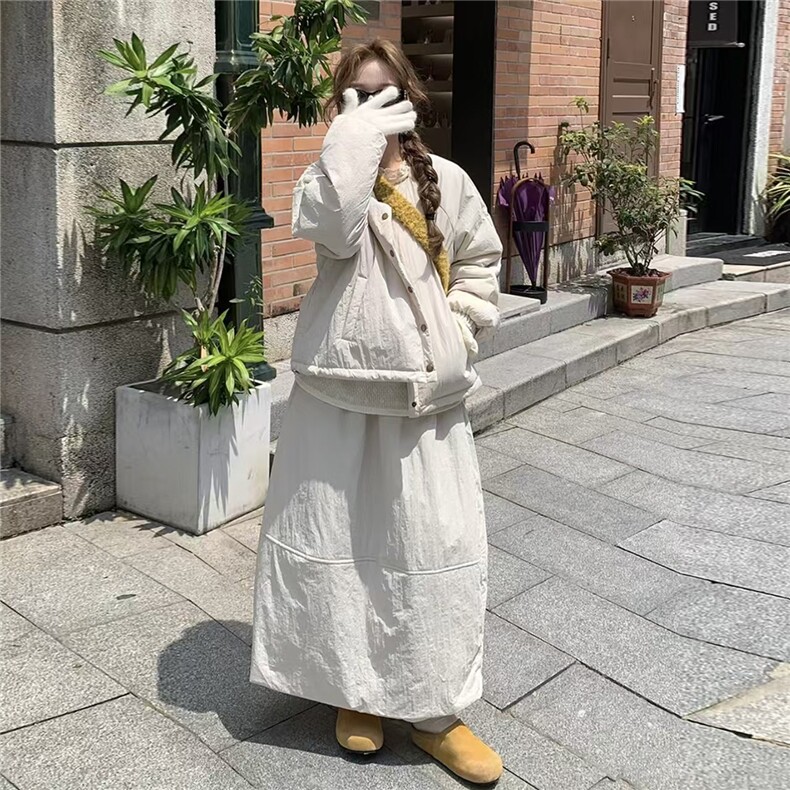 2025年秋季两件套休闲羽绒棉外套件半身裙套装,女装套装/套裙,湘姗
