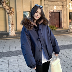 A581-P1282025冬季牛角扣大毛领连帽棉服外套中长款派克服，男装棉衣，星座911