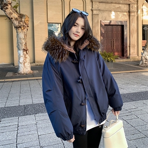 A581-P128 2025冬季牛角扣大毛领连帽棉服外套中长款派克服图片