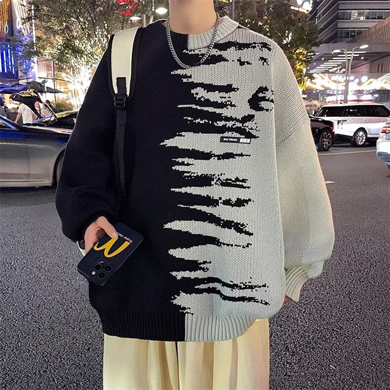 毛衣男秋冬拼接撞色针织衫日系复古宽松慵懒休闲外套MY7022-P45图片