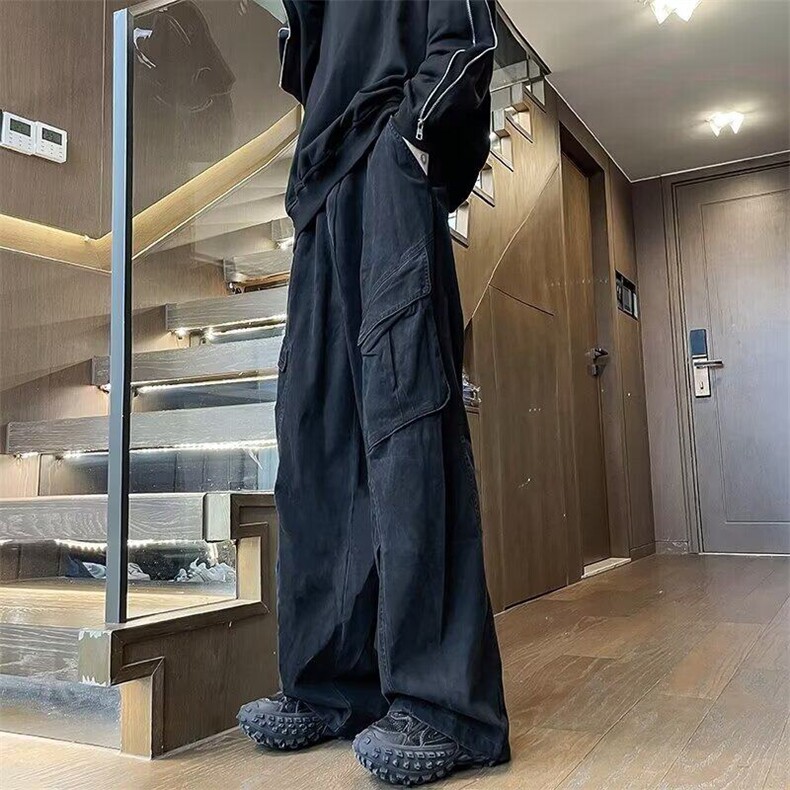 DK524-P58美式侧边大口袋宽松褶皱阔腿工装裤男解构设计感裤子,男装牛仔裤,星座603-2