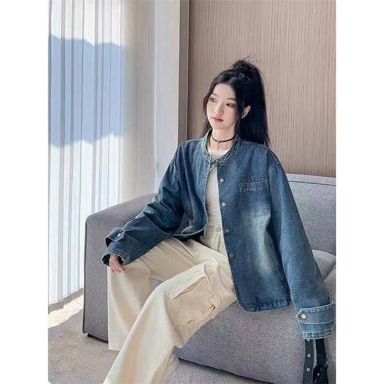 2025新款休闲圆领牛仔外套女上衣韩版复古宽松蓝色正肩小个子薄款,男装工装外套,星座1210-1