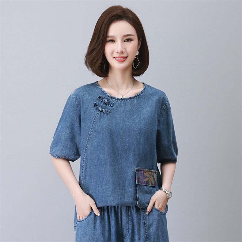 时尚宽松牛仔短袖衬衫印花拼接设计舒适百搭款,女装衬衫,叶笙衣