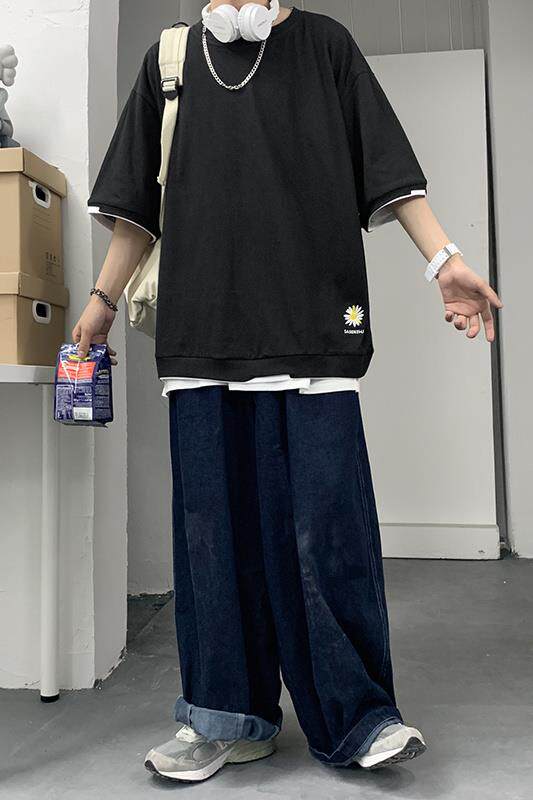 港风T恤宽松假两件刺绣纯色五分短袖棉XZ1213-T1-P30,男装T恤,星座1213