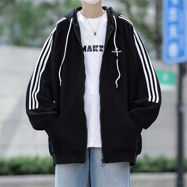 港风秋款男连帽卫衣字母刺绣夹克三条杠拉链纯棉外套WY8031P58,男装卫衣,星座1013-1