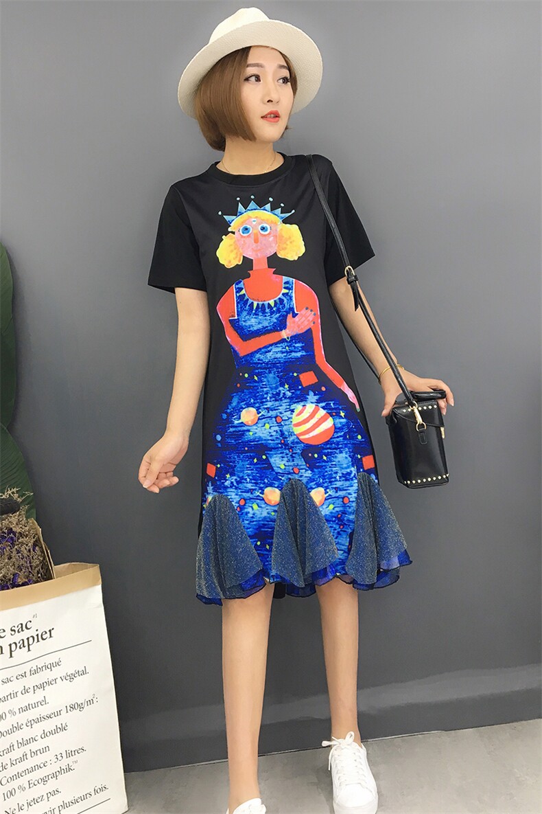 T恤圆领纱网拼接印花2021年夏季短袖中长款时尚韩版潮流图案,女装T恤,诗贝淇