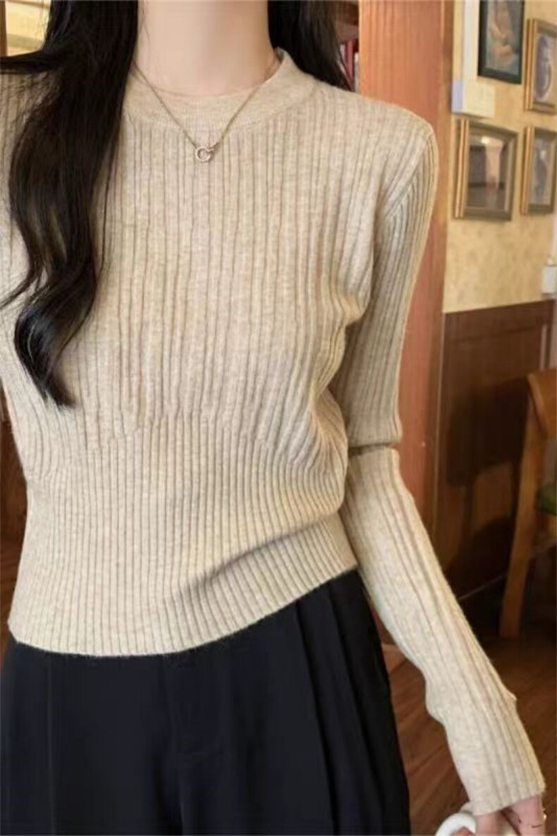 时尚百搭坑条圆领羊毛衫修身显瘦羊毛针织衫,女装羊毛衫,旭驰羊绒