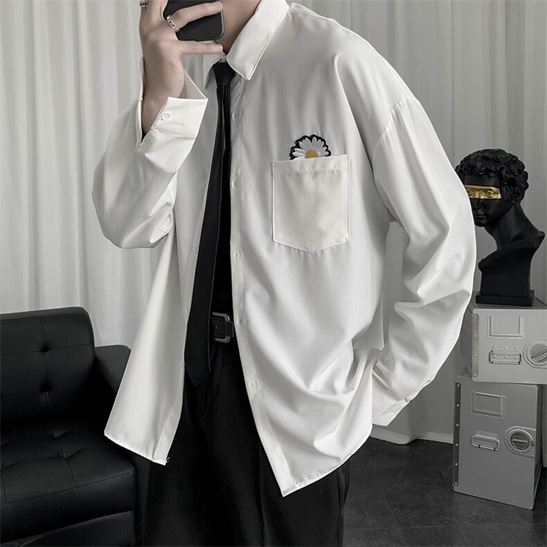 学院风小雏菊刺绣制服男士百搭禁欲系衬衫慵懒风宽松W1181-P28,男装衬衫,星座512-2