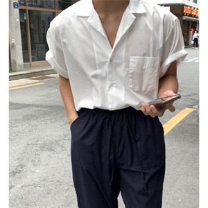 美式复古巴领宽松短袖衬衫咔叽休闲痞帅衬衣男夏909P45图片