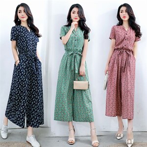 连体裤女夏2024新款韩版宽松收腰显瘦休闲棉麻碎花阔腿连衣裤，女装连衣裙，木橙西子