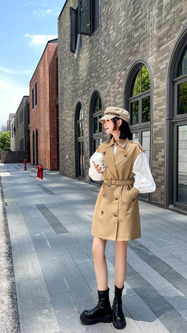 韩版泡泡袖衬衫风衣背心裙两件套，女装衬衫，Balance Studio