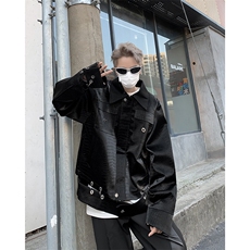 F214-P110春季新款纯色PU皮衣外套男高街潮牌宽松翻领机车夹克，男装夹克，星座512-6