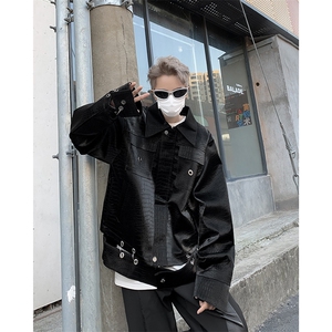 F214-P110 春季新款纯色PU皮衣外套男高街潮牌宽松翻领机车夹克图片