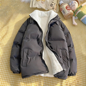 1506-1/MJK7771/P59加绒加厚原宿纯色加羊羔绒棉衣面包服男女同款图片