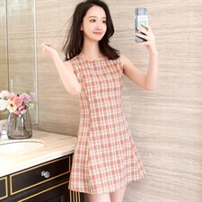 2021年夏季新款韩版修身格子无袖连衣裙，女装连衣裙，寒都衣屋