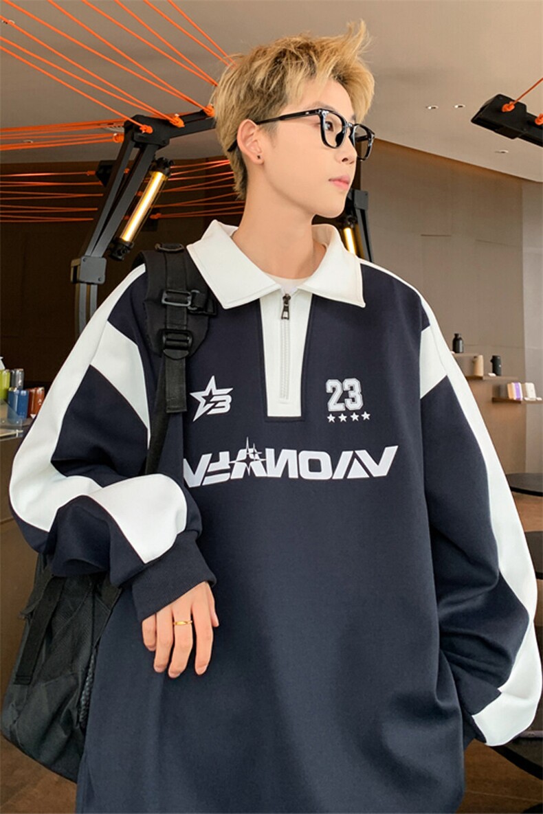 2025春季新款港风外景大码翻领印花拼色卫衣M-5XHW24806-特P40,男装卫衣,电商A022