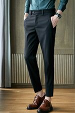 A1952021秋冬磨毛长裤男式裤子修身休闲裤英伦-毛呢-灰色，男装休闲裤，电商A211