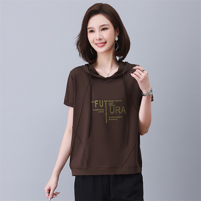 夏装新款韩版大码字母印花连帽套头时髦休闲t恤女短袖,女装T恤,涵誉