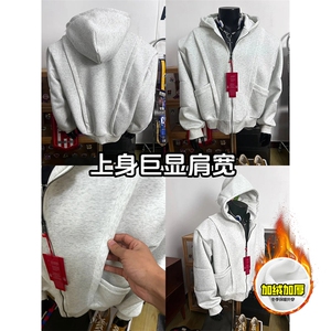 480G重磅加绒硬挺boxy男女秋冬美式高街结构辑明线卫衣开衫厚外套图片