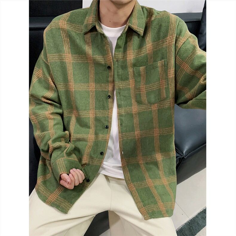 现货~磨毛格子大码长袖衬衫C5900/特P25军绿,男装衬衫,电商A094