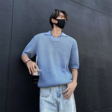美式慵懒风翻领休闲蓝色针织衫E1101P40，男装针织衫/毛衣，星座1116-2