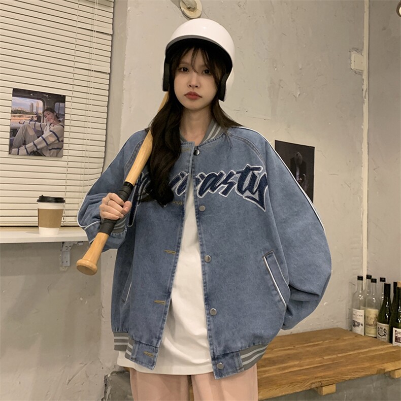 A165-P80慵懒风棒球服宽松显瘦学生复古港风小个子牛仔外套,男装工装外套,星座911