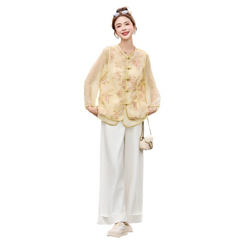新中式国风刺绣马甲衬衫两件套女夏2025新款宽松漂亮薄款防晒上衣,女装套装/套裙,采品优优