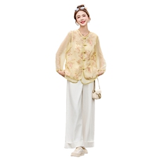 新中式国风刺绣马甲衬衫两件套女夏2025新款宽松漂亮薄款防晒上衣，女装套装/套裙，采品优优