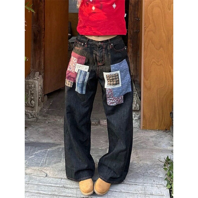 春秋季新款格子贴布设计牛仔裤男女宽松阔腿直筒长裤，男装牛仔裤，星座716-4