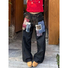 春秋季新款格子贴布设计牛仔裤男女宽松阔腿直筒长裤，男装牛仔裤，星座716-4