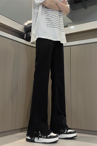 现货 黄泥美式vibe裤高街黑色破洞微喇直筒毛边牛仔裤男 K890-P55图片