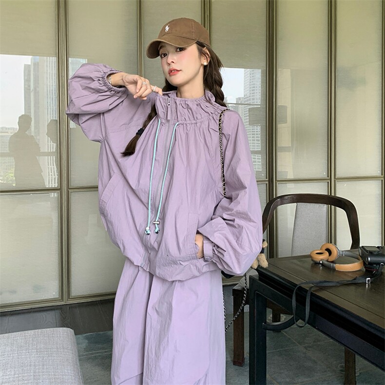 今年流行紫色冲锋衣外套女早秋2025新款百搭休闲风显瘦工装裤套装,女装套装/套裙,纯色衣恋