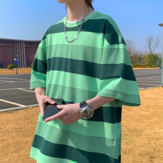 wassuphappy日系条纹短袖t恤男夏季潮流宽松五分袖大码休闲半袖，男装T恤，星座109