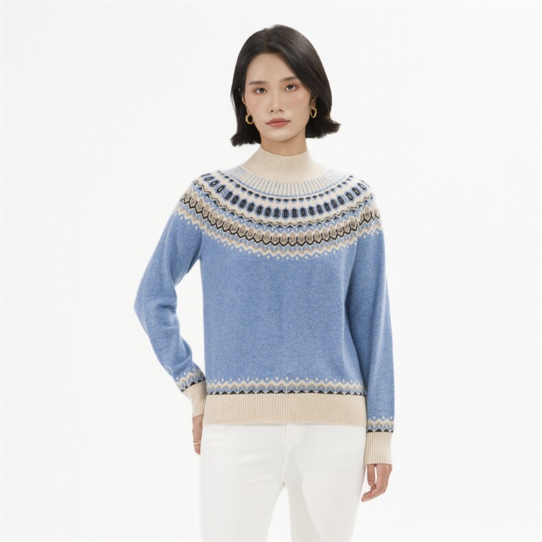 民族风纯山羊绒衫女圆领双股加厚毛衣秋冬时尚拼色针织打底衫，女装羊绒衫，巾兮羊绒
