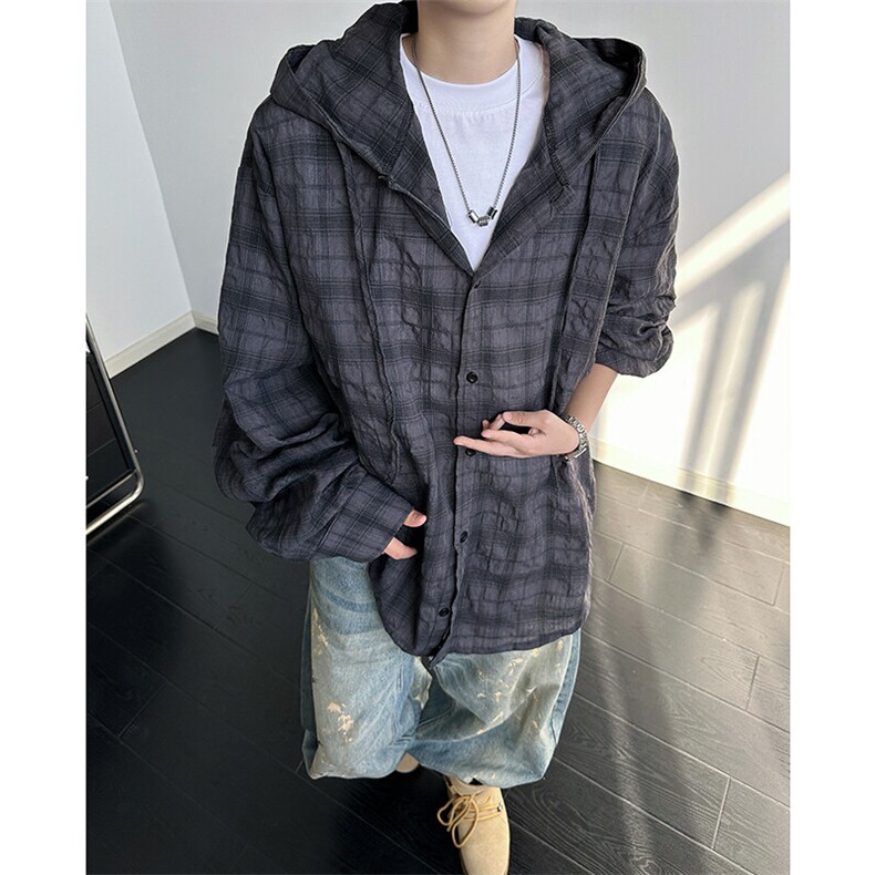 廓形防晒衬衫男夏季长袖冰丝薄款亚麻格子衬衣开衫外套CS29006P50图片
