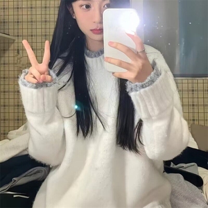 慵懒风白色针织毛衣男女情侣秋冬宽松内搭高级感超好看春秋上衣图片