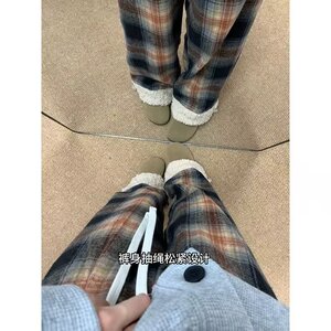 格子裤男女冬季新款高腰宽松慵懒直筒休闲加绒阔腿裤LA80833-P52图片