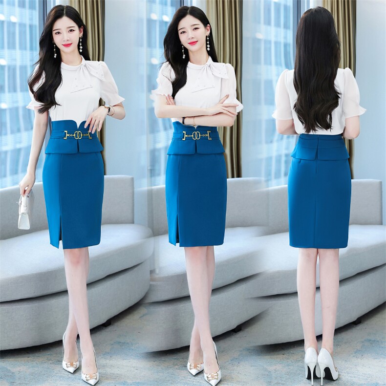 2023年夏季时尚气质优雅甜美上衣纯色开叉半身裙两件套，女装套装/套裙，时尚俏佳人