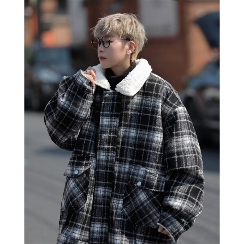 黑色羊羔毛外套男冬季美式高街格子棉服加绒保暖M9017-P85图片