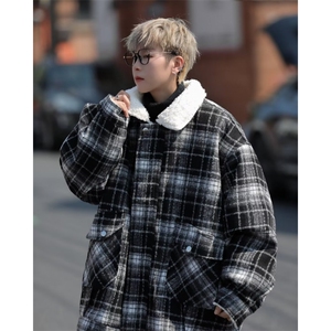 黑色羊羔毛外套男冬季美式高街格子棉服加绒保暖M9017-P85图片