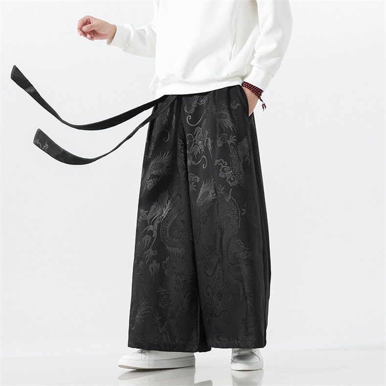 2025秋冬新中式马面裤汉服龙纹阔腿裤K375加厚P65-常规P55,男装民族服装,电商A057B